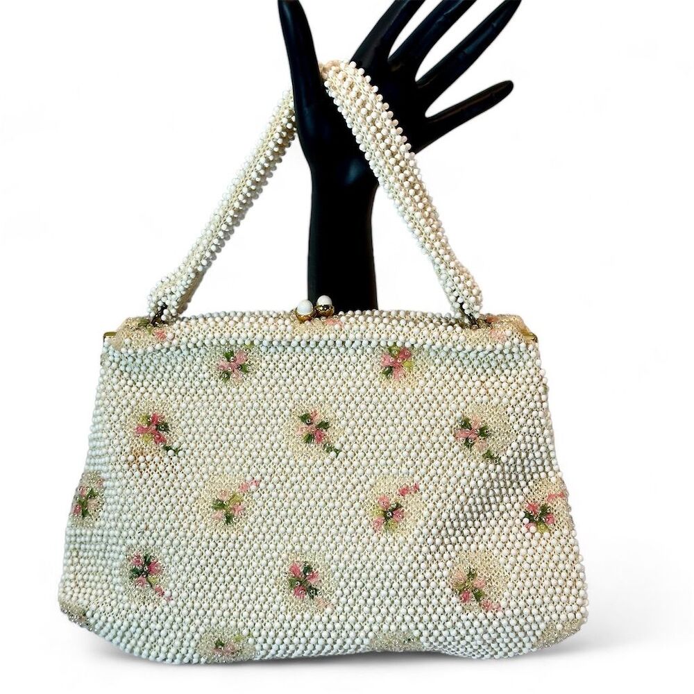 Corde Bead Evening Bag Cream Ivory, Pink Green Floral, Hand-Crafted Design